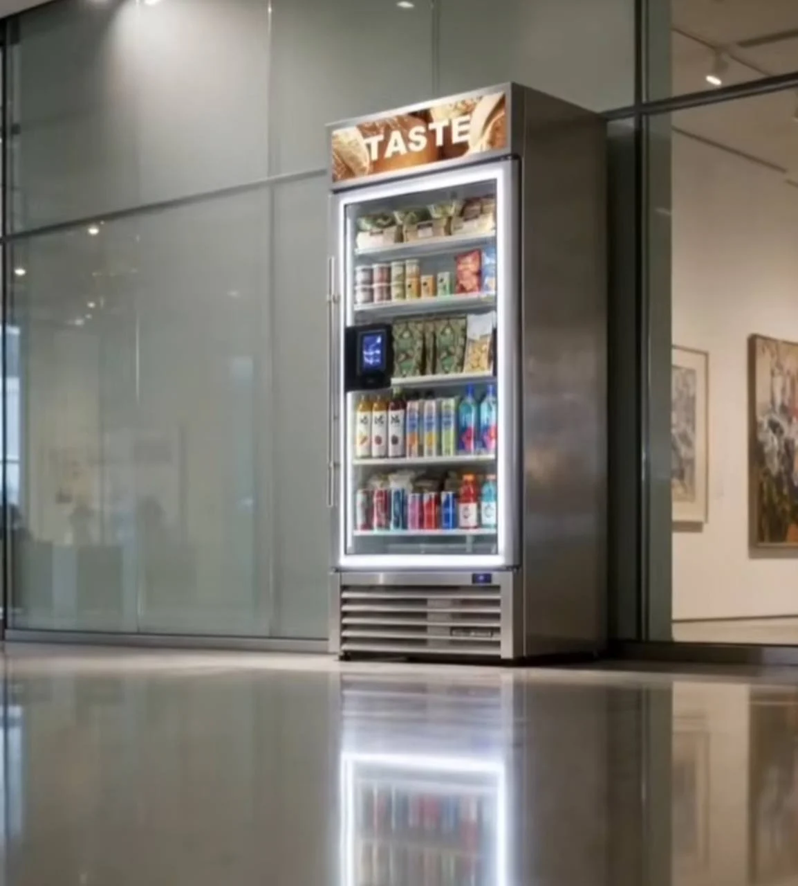 A Smart Bites smart cooler in a bright modern lobby